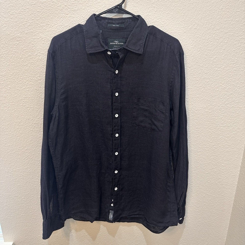 Rodd & Gunn Sports Fit Black Linen Shirt L Italy Long Sleeve Casual Resort Beach